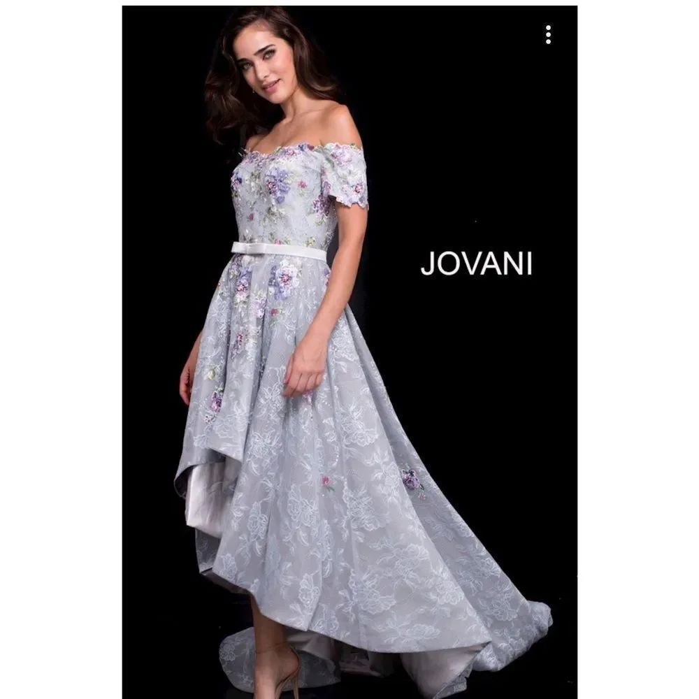 NEW JOVANI 59321 gray multi off the shoulder high low embroidered gown dress 10